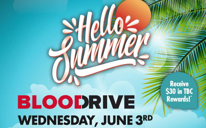 Hello Summer blood drive banner with tropical sky, palm leaves, and 'BLOOD DRIVE' text; date Wednesday, June 3.
