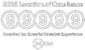 2025 Location of Excellence badge with three 9/9/9 circles and the caption 'Awarded for Superior Member Experience' plus a small MxM logo