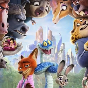 Colorful cast of animated animals (fox, rabbit, snake, and others) smiling in a bright city skyline backdrop.