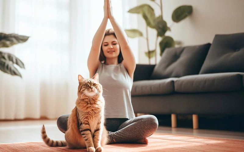 Woman practicing yoga with hands raised while a fluffy orange cat sits on a rug in a bright living room.