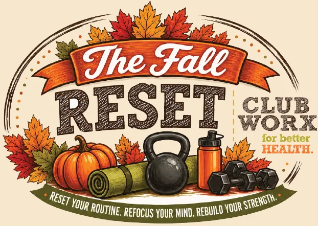 Fall-themed gym promotion banner featuring pumpkins, autumn leaves, kettlebell, dumbbells and the words 'The Fall Reset'
